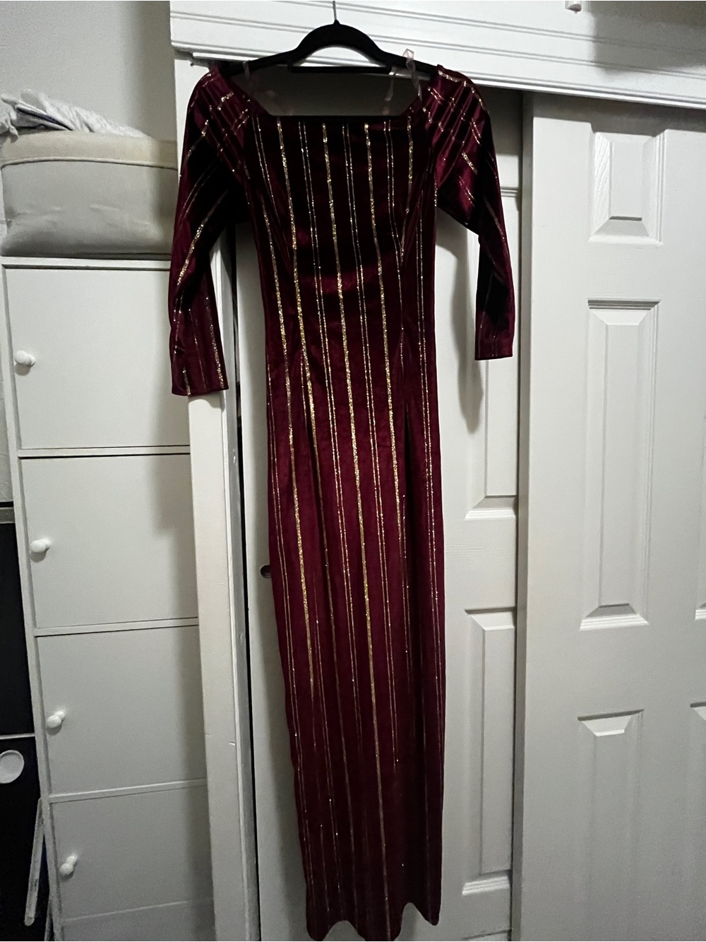 Elegant Burgundy Maxi Dress with Gold Stripe Detail